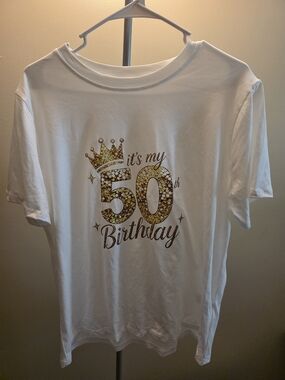 Source Unknown White Tee with Gold "50th Birthday" Graphic